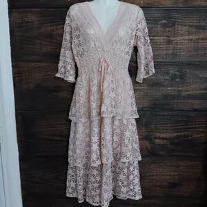 Baby Pink Cottage Prairie Dress Embroidery Lace Lined Deep V Neck Size Small